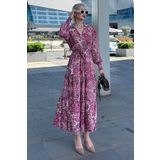 Madmext MG2052 Pembe Desenli Kruvaze Yaka Uzun Kadın Elbise