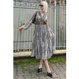 Madmext MG2065 Bej Kruvaze Yaka Desenli Şifon Elbise