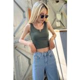 Madmext MG362 Mad Girls Önü Detaylı Haki Crop Top