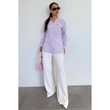 Madmext Mor Çizgili Gofre Kumaş Kadın Oversize Gömlek Mg1666,Mor 42