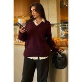 Madmext Mürdüm V Yaka Oversize Kadın Triko Kazak Uzun Kol Trend Stil Düz Desen