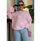 Madmext Pembe Bisiklet Yaka Örgü Desen Kadın Triko Kazak Mg2601,Pembe Standart