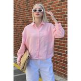 Madmext Pembe Çizgili Oversize Kadın Gömlek MG2093 Uzun Kol Günlük Ekose Desenli