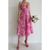 Madmext Pembe Desenli Dekolteli Midi Boy Elbise Mg1537