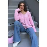 Madmext Pembe V Yaka Örgü Desen Oversize Kadın Kazak Mg2519,Pembe M