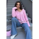 Madmext Pembe V Yaka Örgü Desen Oversize Kadın Kazak Mg2519,Pembe S