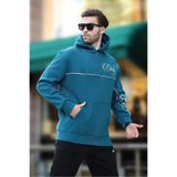 Madmext Petrol Mavisi Kapüşonlu Şerit Detaylı Baskılı Erkek Sweatshirt 7091
