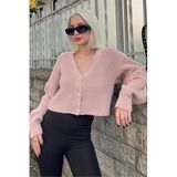 Madmext Pudra Uzun Kollu Düğmeli Crop Hırka Mg2198,Pudra M