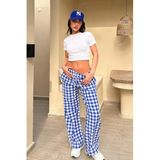 Madmext Saks Ekoseli Kadın Pantolon Mg2401,Saks XL