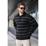 Madmext Siyah Çizgili Polo Yaka Erkek Sweatshirt E7172