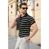 Madmext Siyah Çizgili Polo Yaka Triko Erkek T-shirt E7405 - 2XL