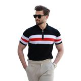 Madmext Siyah Fermuarlı Polo Yaka Çizgili Erkek Tişört E7406,Siyah L
