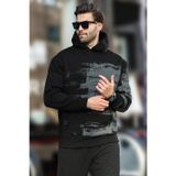 Madmext Siyah Kapüşonlu Desenli Cep Detaylı Erkek Sweatshirt 7059