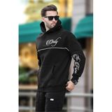 Madmext Siyah Kapüşonlu Şerit Detaylı Baskılı Erkek Sweatshirt 7091,Siyah 2XL