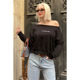 Madmext Siyah Kayık Yaka Baskılı Kadın Sweatshirt Mg2205,Siyah L