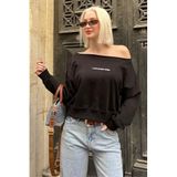 Madmext Siyah Kayık Yaka Baskılı Kadın Sweatshirt Mg2205,Siyah S