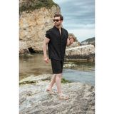 Madmext Siyah Keten Görünümlü Relax Fit Erkek Gömlek Şort Takım E7364