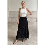 Madmext Siyah Minimal Puantiye Desen Şifon Astarlı Etek MG2821 - XL