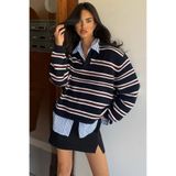 Madmext Siyah Polo Yaka Çizgili Kadın Triko Kazak Mg2469,Siyah M