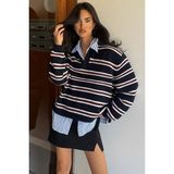 Madmext Siyah Polo Yaka Kadın Çizgili Triko Kazak MG2469 Rahat Günlük Kullanım İçin