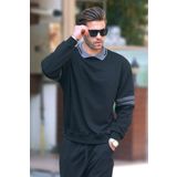 Madmext Siyah Polo Yaka Oversize Kolu Şeritli Erkek Sweatshirt 7048