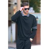 Madmext Siyah Polo Yaka Oversize Kolu Şeritli Erkek Sweatshirt 7048,Siyah 2XL