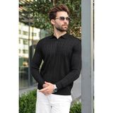 Madmext Siyah Polo Yaka Saç Örgü Desenli Erkek Triko Kazak E7519