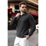 Madmext Siyah Polo Yaka Yarım Fermuarlı Örme Erkek Kazak E7201 - 2XL