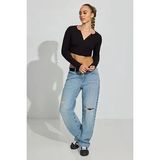 Madmext Siyah Uzun Kollu Düğmeli Kaşkorse Crop Hırka MG2193