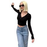 Madmext Siyah V Yaka Uzun Kollu Düğme Detaylı Kaşkorse Body Mg2194,Siyah M