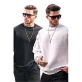 Madmext Siyah/Beyaz Bisiklet Yaka Oversize Şardonlu Basic Erkek 2'Li Paket Sweatshirt E7447,Siyah/Beyaz M