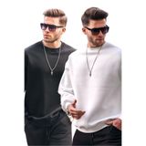 Madmext Siyah/Beyaz Bisiklet Yaka Oversize Şardonlu Basic Erkek 2'Li Paket Sweatshirt E7447,Siyah/Beyaz XL