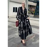 Madmext Siyah/Beyaz Desenli Kruvaze Yaka Uzun Kadın Elbise Mg2052,Siyah/Beyaz S