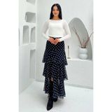 Madmext Siyah/beyaz Kemerli Yırtmaçlı Puantiye Desen Volanlı Etek MG2715 - Siyah - Beyaz - XL
