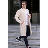 Madmext Taş Rengi Dik Yaka Cepli Uzun Triko Hırka 6816