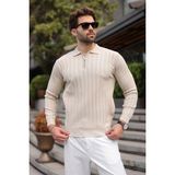 Madmext Taş Rengi Fermuarlı Polo Yaka Dokulu Erkek Triko Kazak E7523 - 2XL