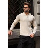 Madmext Taş Rengi Slim Fit Hakim Yaka Fermuarlı Erkek Triko Kazak E7518 - XL