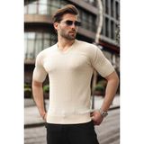 Madmext Taş Rengi V Yaka Kısa Kollu Triko Erkek Tişört E7467 - XL