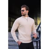Madmext Taş Rengi Yarım Fermuarlı Dik Yaka Erkek Triko Kazak 7442 - 2XL