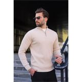 Madmext Taş Rengi Yarım Fermuarlı Dik Yaka Erkek Triko Kazak 7442,Taş Rengi XL