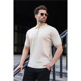 Madmext Taş Rengi Yarım Fermuarlı Polo Yaka Erkek Triko Tişört E7458,Taş Rengi XL