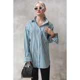 Madmext Turkuaz Çizgili Oversize Kadın Gömlek Mg1688