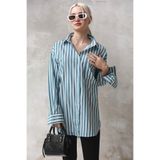 Madmext Turkuaz Çizgili Oversize Kadın Gömlek Mg1688,Turkuaz S