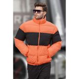 Madmext Turuncu Siyah Dik Yaka Şişme Mont, Oversize, Fermuarlı, XL