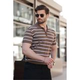 Madmext Vizon Çizgili Polo Yaka Erkek T-Shirt E7405,Vizon S