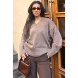 Madmext Vizon V Yaka Oversize Kadın Triko Kazak Mg2149,Vizon M