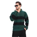 Madmext Yeşil Fermuar Yaka Çizgili Erkek Kazak E7272,Yeşil 2XL