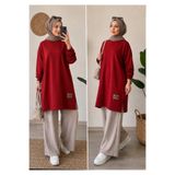Madmy Kadın Oversize Sweatshirt Tunik Uzun Kollu Salaş Basic Günlük Spor Tunik Kırmızı