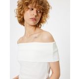Madonna Yaka Omzu Açık Crop Bluz Kısa Kollu Bürümcük Dokulu Slim Fit