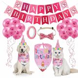 MADPET Evcil Hayvan Doğum Günü Süsleme Seti Pembe – Köpek ve Kedi için Birthday Party Konsept Paketi – Balon, Happy Birthday Banner, Bandana, Papyon, Şapka ve Parti Aksesuarları